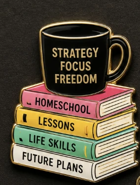 Coffee and books pin graphic reading Strategy, Focus, Freedom